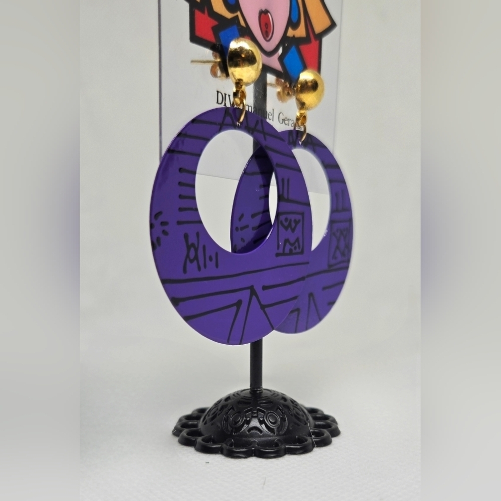 Vintage Goldie Purple Hoop Earrings Pop Art 80s Statement Dangle - Picture 4 of 7
